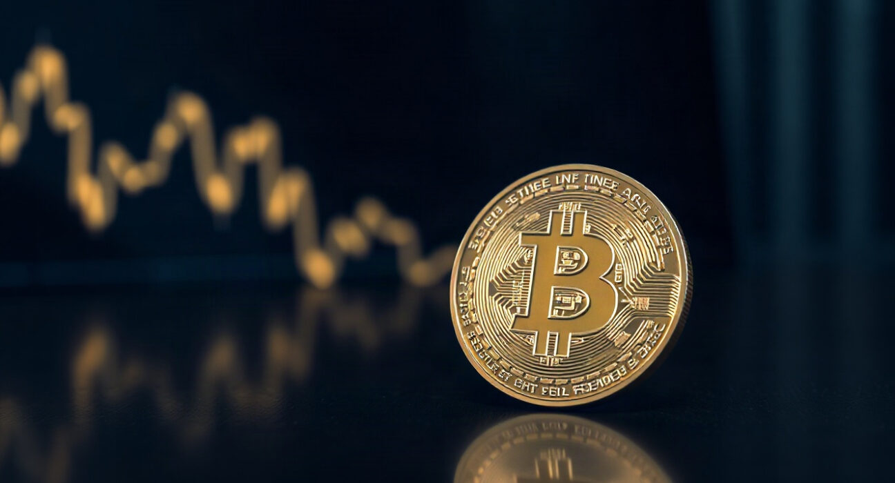 Bitcoin coin on a reflective surface with a subtle upward chart in the background, symbolizing market recovery.