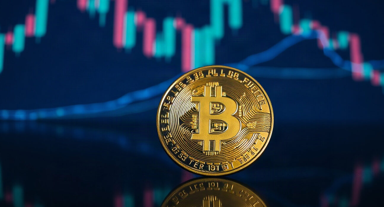 Bitcoin coin with subtle price chart background symbolizing trading activity