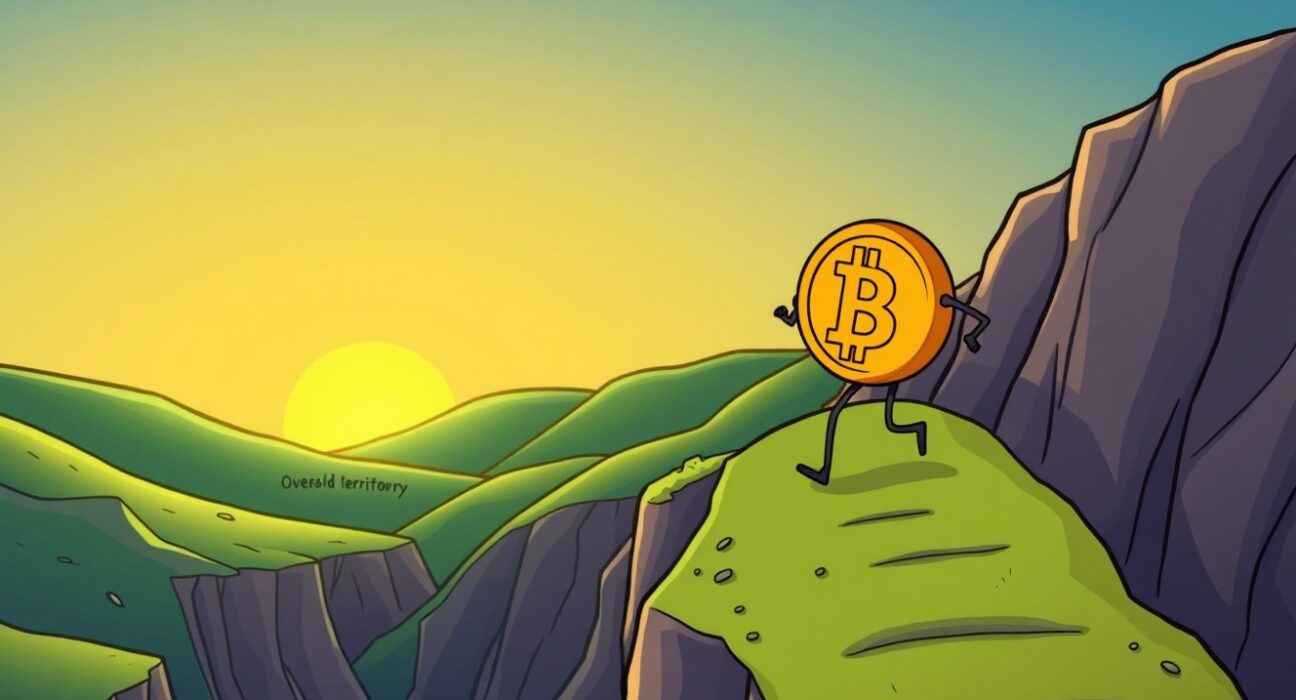 Bitcoin recovery illustrated as a cheerful coin climbing from a valley towards a sunrise, symbolizing market rebound.