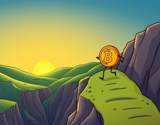Bitcoin recovery illustrated as a cheerful coin climbing from a valley towards a sunrise, symbolizing market rebound.