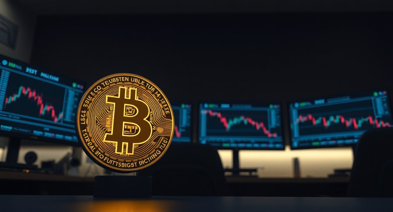 Bitcoin coin in foreground with trading monitors showing flat volume in background