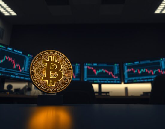 Bitcoin coin in foreground with trading monitors showing flat volume in background