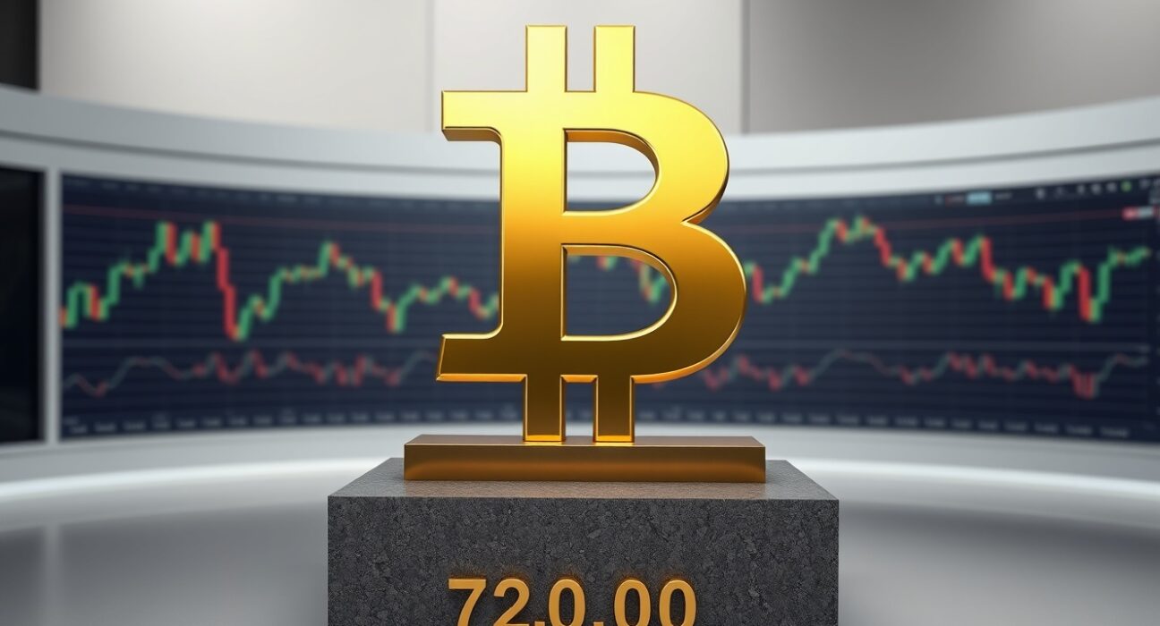 Bitcoin symbol on a stone plinth representing the crucial $72,000 support level in cryptocurrency market analysis.