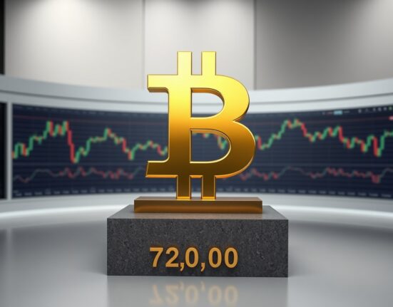 Bitcoin symbol on a stone plinth representing the crucial $72,000 support level in cryptocurrency market analysis.