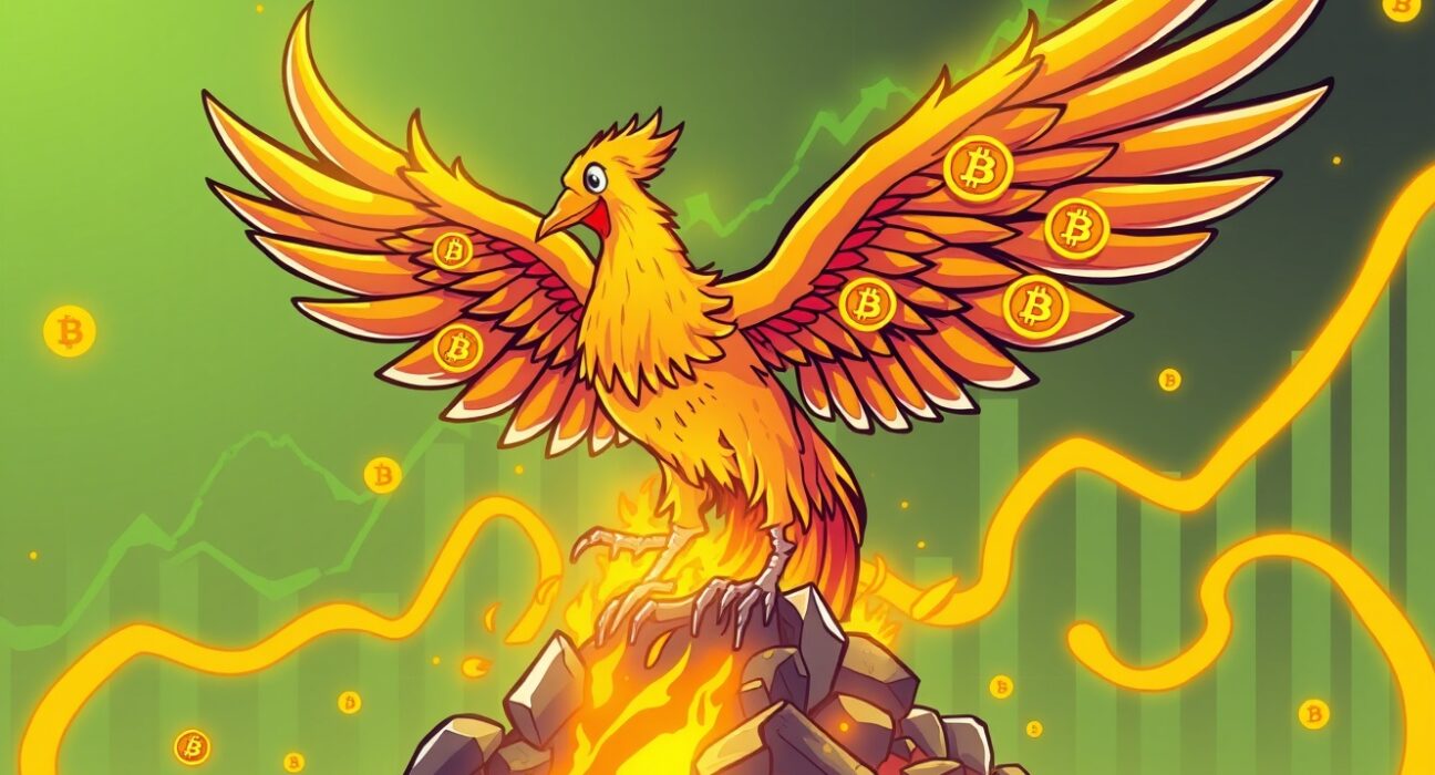 A symbolic cartoon illustration representing the beginning of the Bitcoin recovery phase with rising momentum.