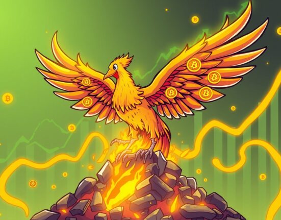 A symbolic cartoon illustration representing the beginning of the Bitcoin recovery phase with rising momentum.