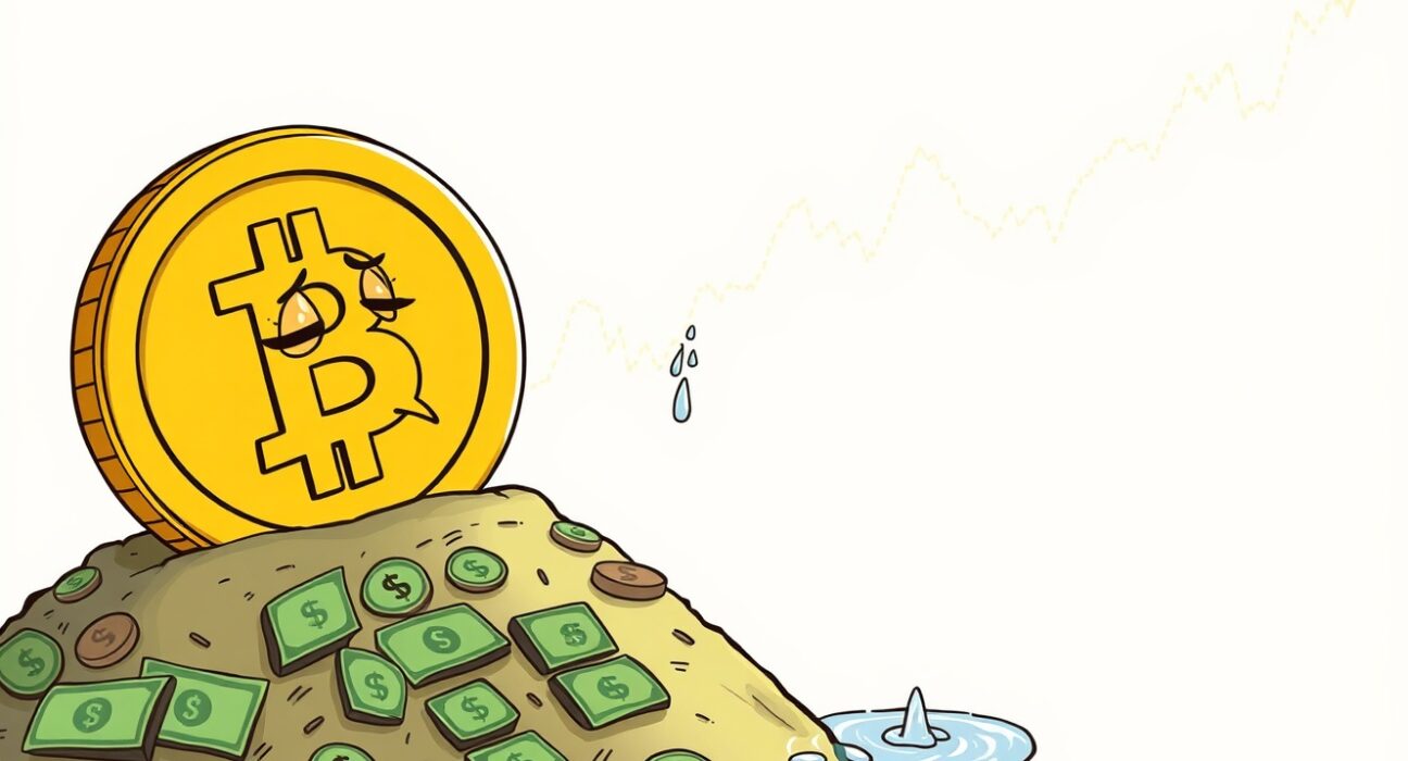 A cartoon Bitcoin coin struggling to climb as liquidity shrinks, threatening its recovery.