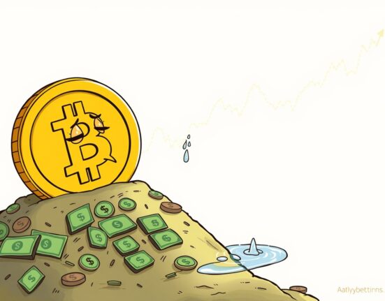 A cartoon Bitcoin coin struggling to climb as liquidity shrinks, threatening its recovery.