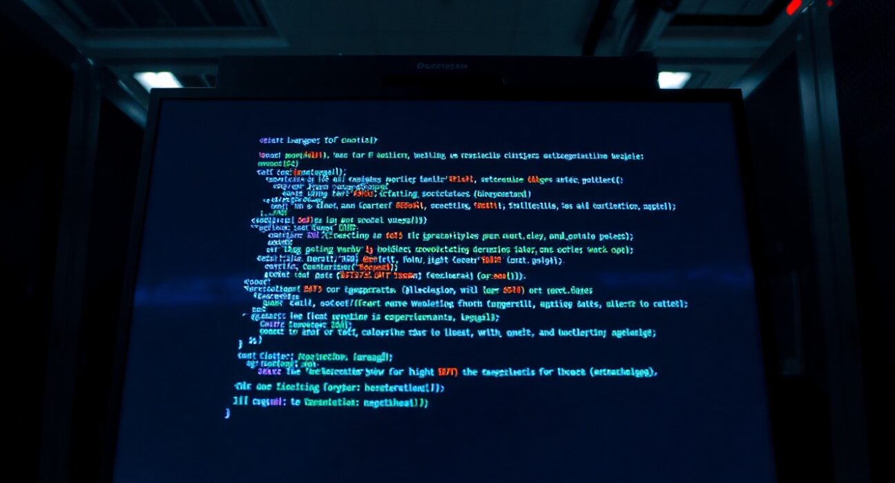 Bitcoin Red Team researcher analyzing code on a computer screen in a dark room