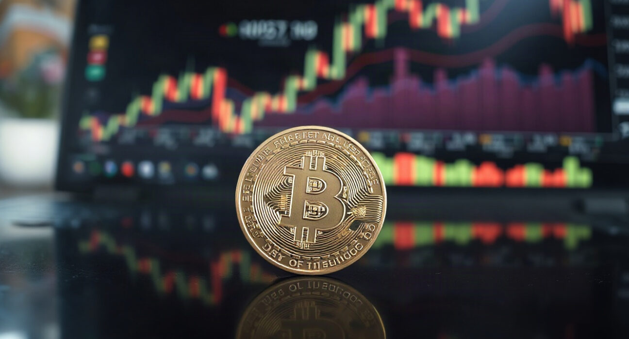 Bitcoin coin on reflective surface with financial charts in background, symbolizing renewed bullish momentum