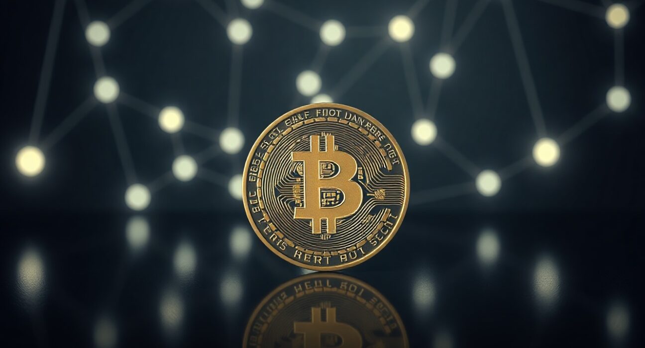 Bitcoin coin with digital network background, symbolizing security warning about replay attacks.