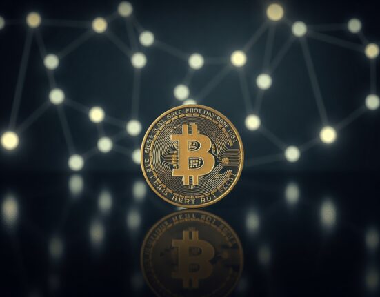 Bitcoin coin with digital network background, symbolizing security warning about replay attacks.