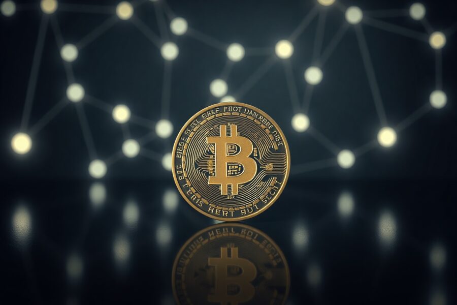 Bitcoin coin with digital network background, symbolizing security warning about replay attacks.