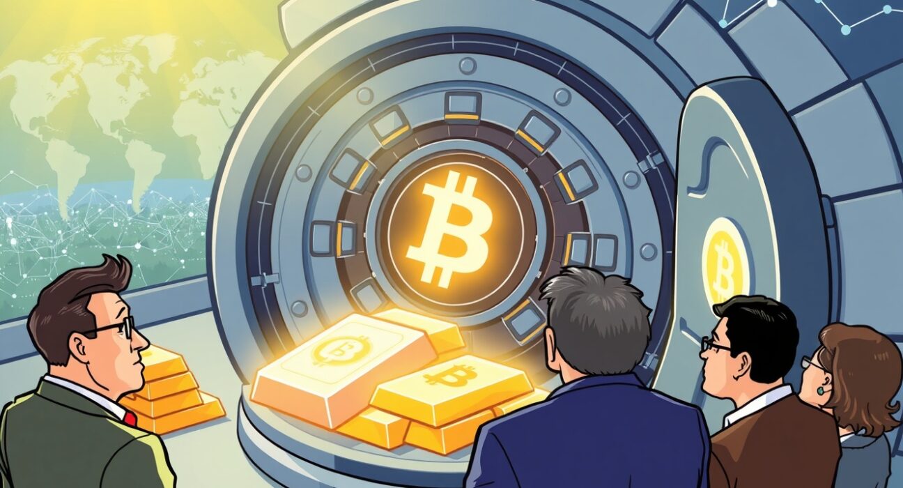 Cartoon illustration showing central bankers contemplating Bitcoin's role as a future Bitcoin reserve asset alongside traditional gold in a digital vault.