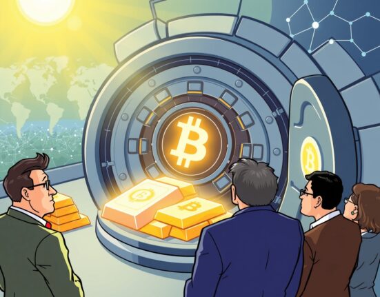 Cartoon illustration showing central bankers contemplating Bitcoin's role as a future Bitcoin reserve asset alongside traditional gold in a digital vault.
