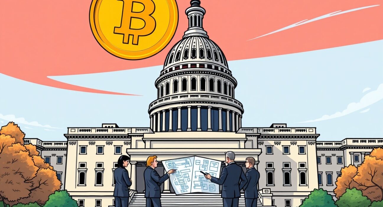 Cartoon illustration depicting US lawmakers and industry leaders discussing a strategic Bitcoin reserve bill, highlighting national digital asset policy.