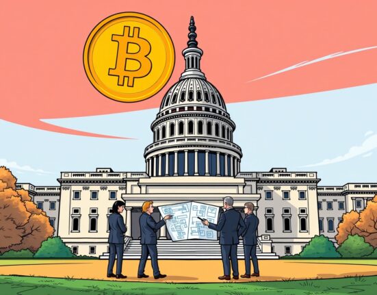 Cartoon illustration depicting US lawmakers and industry leaders discussing a strategic Bitcoin reserve bill, highlighting national digital asset policy.