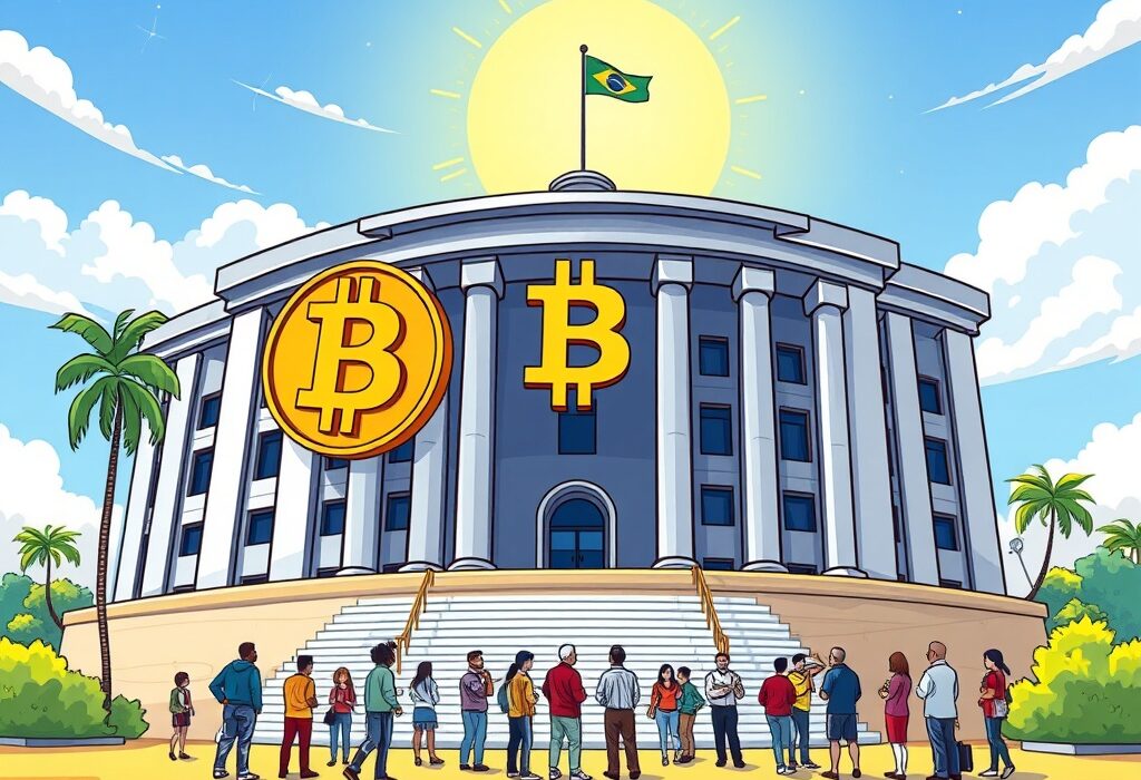 A cartoon image depicting the first public hearing on a Bitcoin reserve in Brazil, symbolizing the nation's move towards strategic Bitcoin adoption.