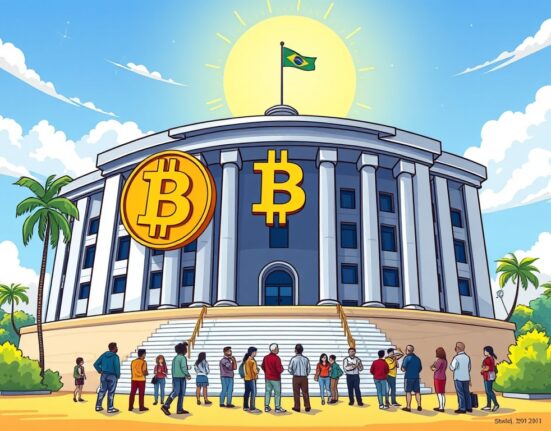 A cartoon image depicting the first public hearing on a Bitcoin reserve in Brazil, symbolizing the nation's move towards strategic Bitcoin adoption.