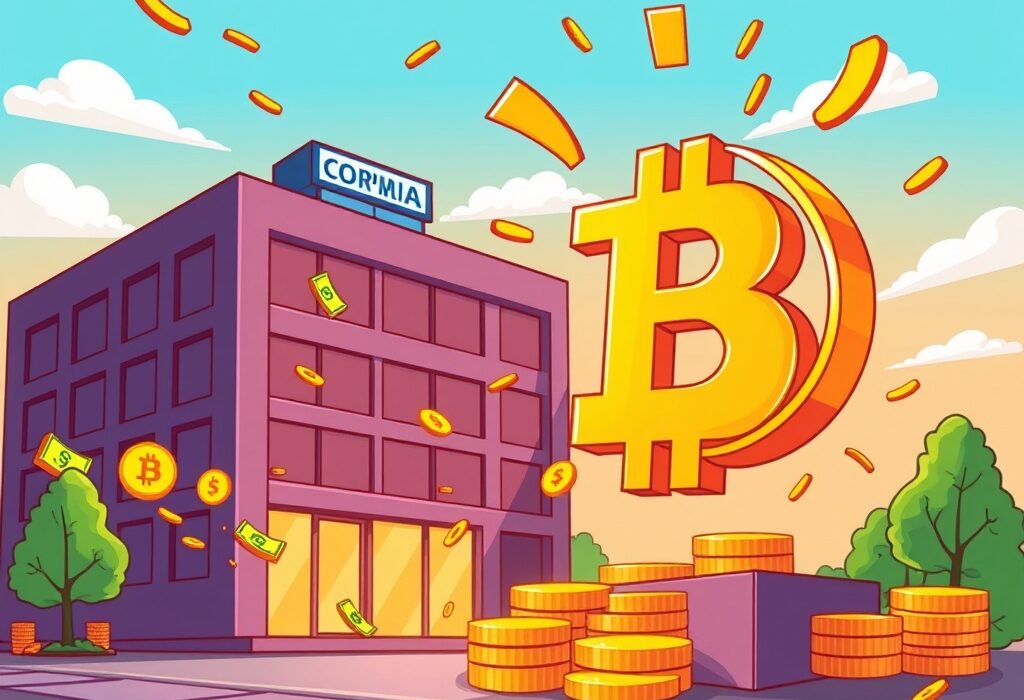 Cartoon showing money flowing towards a Bitcoin symbol, representing LM Funding America's investment in its Bitcoin reserve strategy.