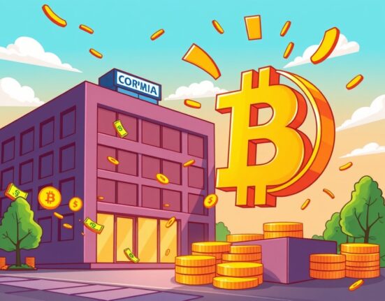 Cartoon showing money flowing towards a Bitcoin symbol, representing LM Funding America's investment in its Bitcoin reserve strategy.