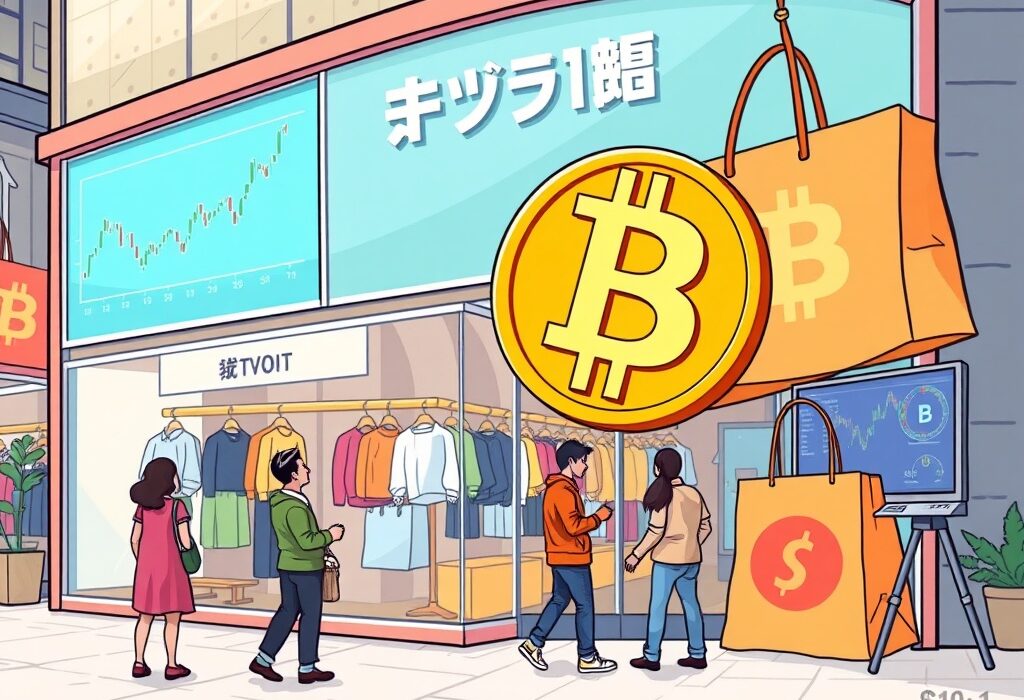 A cartoon illustration showing a Japanese fashion retailer making a bold move with a Bitcoin reserve strategy, symbolizing corporate crypto adoption.