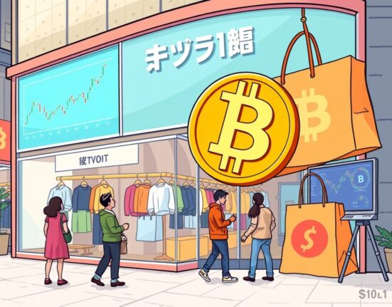 A cartoon illustration showing a Japanese fashion retailer making a bold move with a Bitcoin reserve strategy, symbolizing corporate crypto adoption.