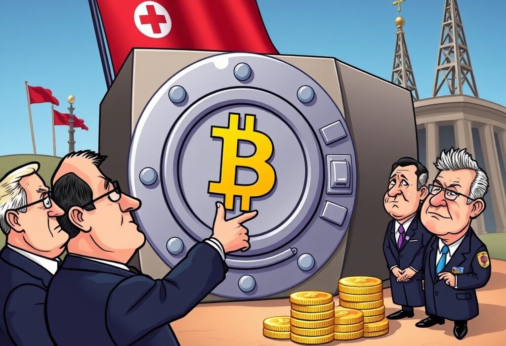 A cartoon illustration showing U.S. officials discussing the establishment of a strategic Bitcoin reserve, emphasizing national digital asset leadership.