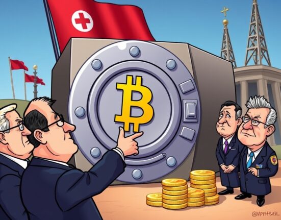 A cartoon illustration showing U.S. officials discussing the establishment of a strategic Bitcoin reserve, emphasizing national digital asset leadership.