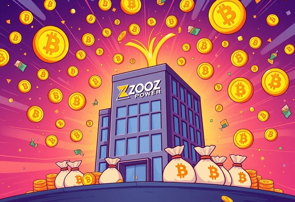 A cartoon illustration showing ZOOZ Power leveraging a significant investment to implement its Bitcoin Reserve Strategy, symbolizing growth and digital asset integration.