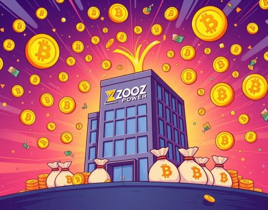 A cartoon illustration showing ZOOZ Power leveraging a significant investment to implement its Bitcoin Reserve Strategy, symbolizing growth and digital asset integration.