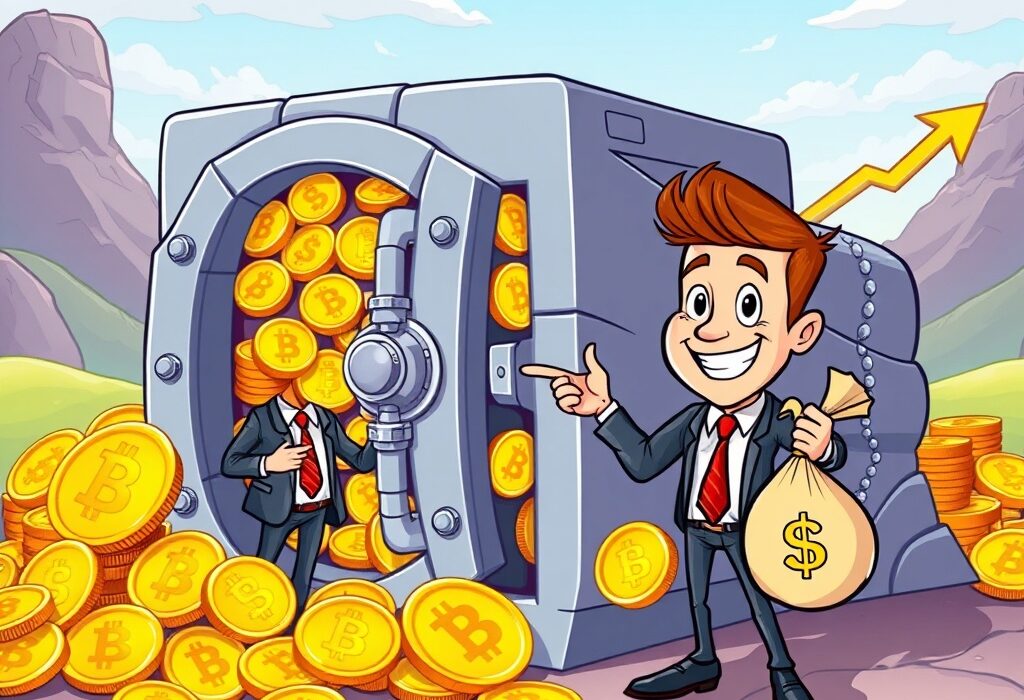 A cartoon character celebrating a significant increase in Bitcoin reserves, showing strong institutional investment in BTC.
