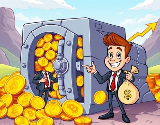 A cartoon character celebrating a significant increase in Bitcoin reserves, showing strong institutional investment in BTC.