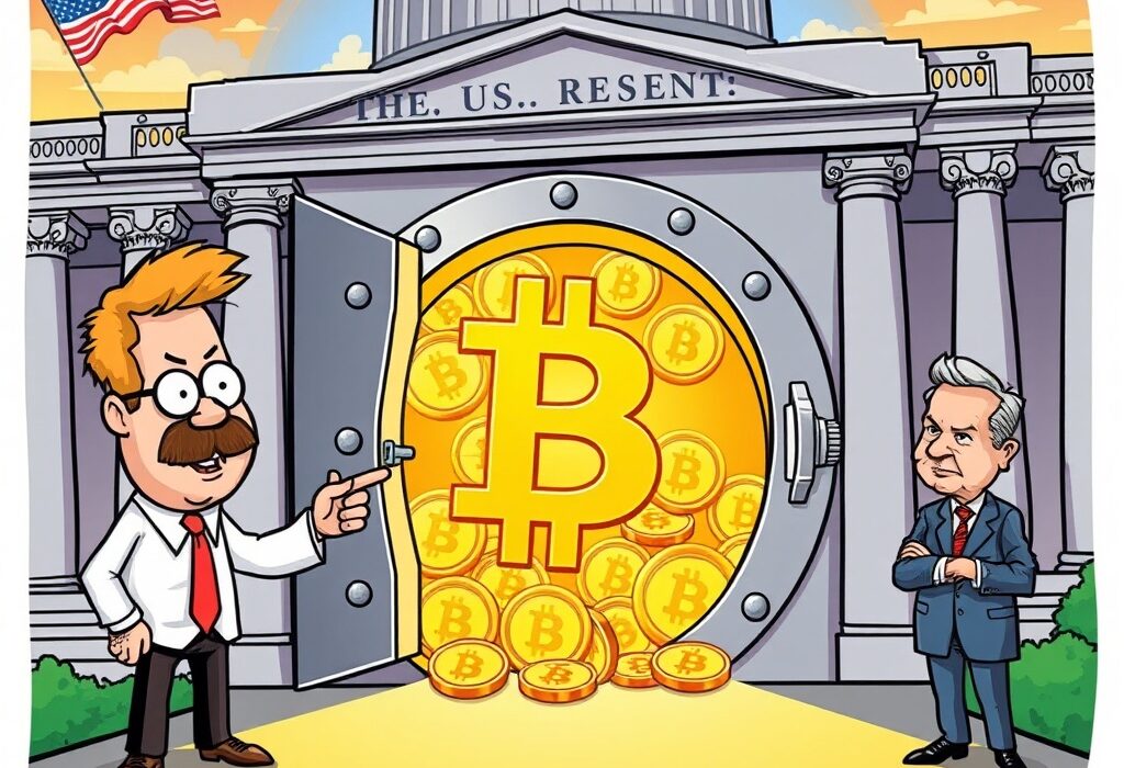 A cartoon showing a government official and Michael Saylor discussing how seized Bitcoin will form US Bitcoin reserves, signifying a new strategic asset.
