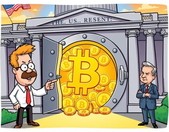 A cartoon showing a government official and Michael Saylor discussing how seized Bitcoin will form US Bitcoin reserves, signifying a new strategic asset.