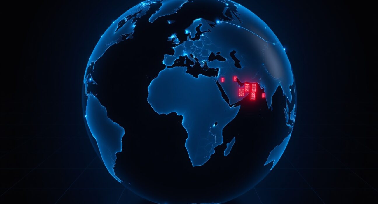 Global network map illustrating Bitcoin's resilience to subsea cable cuts and vulnerability to centralized hosting attacks.