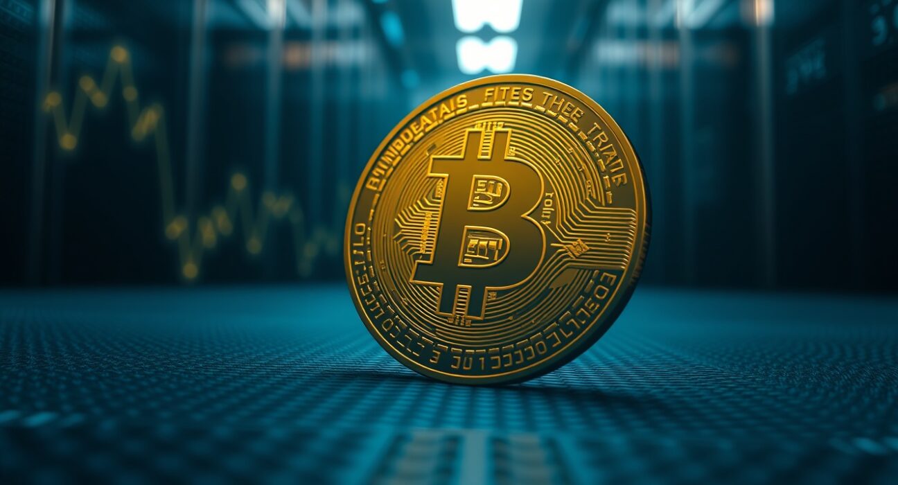 Bitcoin coin with subtle upward trend line in dark trading floor setting