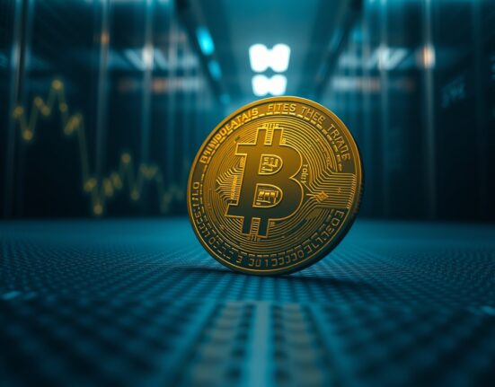 Bitcoin coin with subtle upward trend line in dark trading floor setting