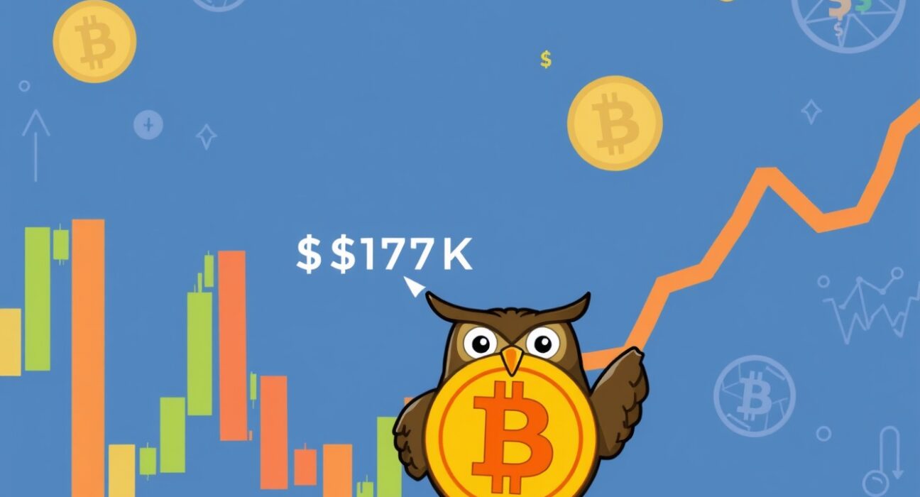 Cartoon illustration of an owl analyst pointing to the $117K Bitcoin resistance on a chart, symbolizing market challenges.