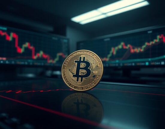 Bitcoin coin on trading screen with $80K resistance line, illustrating BTC price analysis and options market pressure.