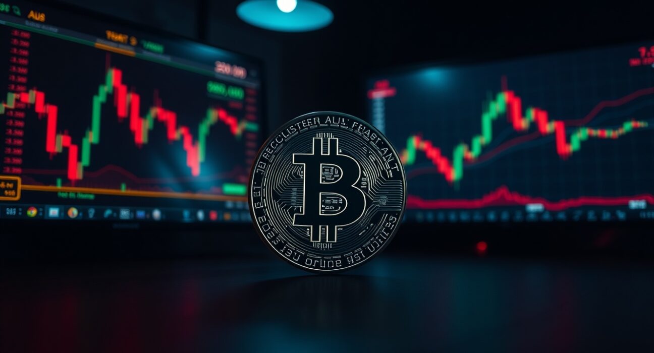 Bitcoin coin on a trading desk with monitors showing bearish chart patterns.
