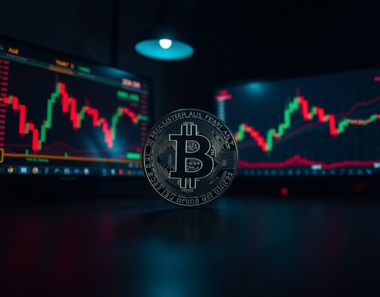 Bitcoin coin on a trading desk with monitors showing bearish chart patterns.
