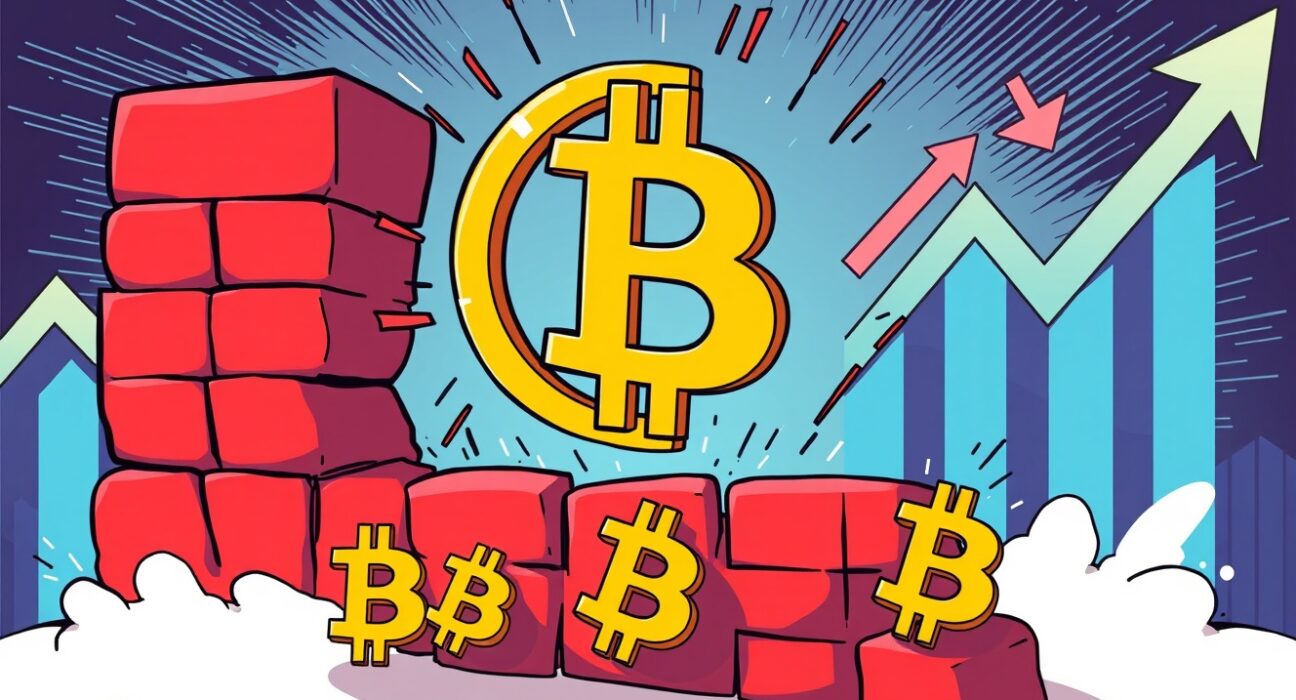 Bitcoin resistance struggle against market pressure in vibrant cartoon illustration