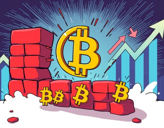 Bitcoin resistance struggle against market pressure in vibrant cartoon illustration