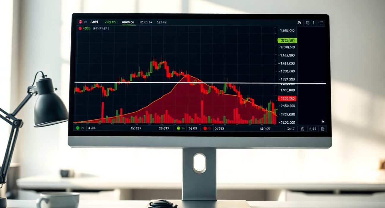Bitcoin price chart showing resistance near short-term holders' cost basis on a monitor in a trading office