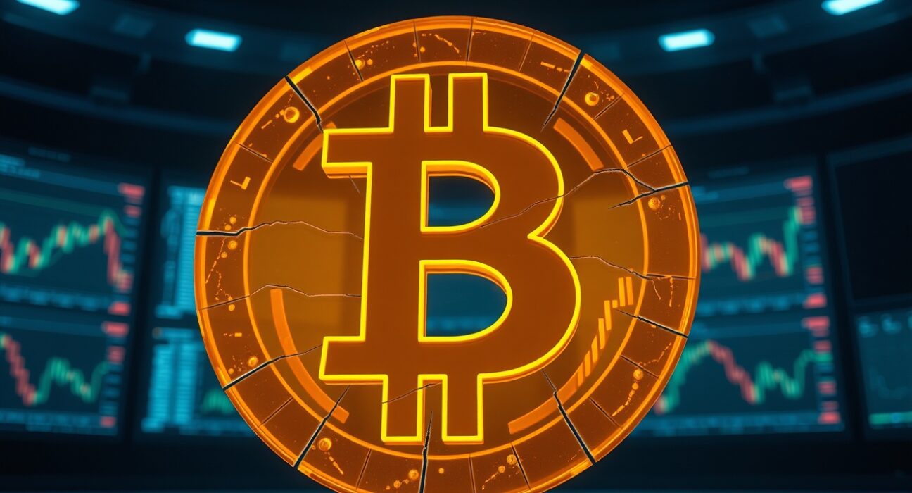Bitcoin symbol with cracks representing market resistance and whale selling pressure.