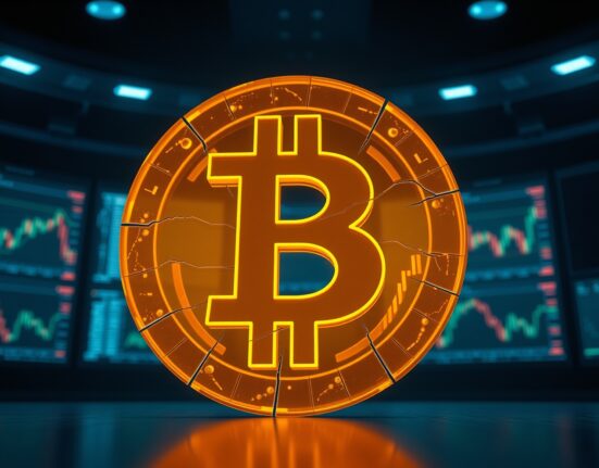 Bitcoin symbol with cracks representing market resistance and whale selling pressure.