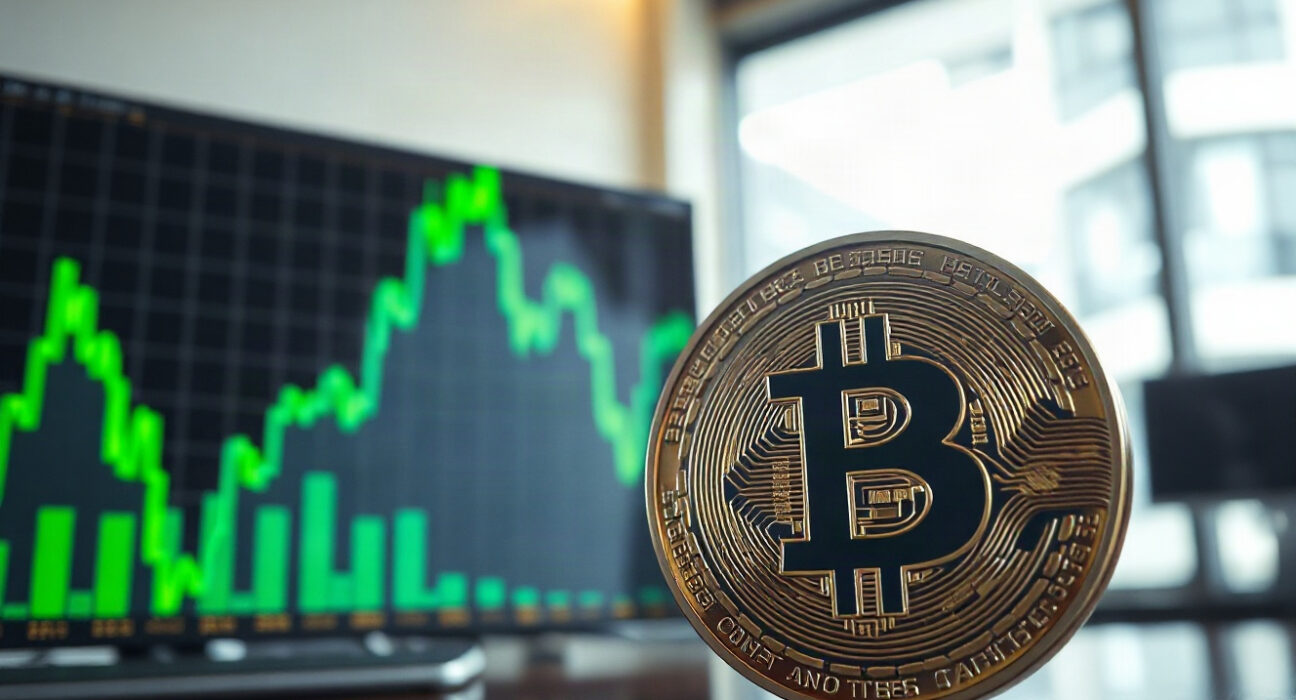 Bitcoin coin in foreground with rising chart on screen in background, representing resumed bull trend.