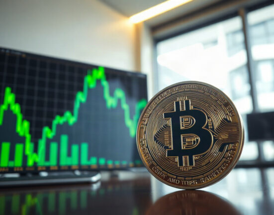 Bitcoin coin in foreground with rising chart on screen in background, representing resumed bull trend.