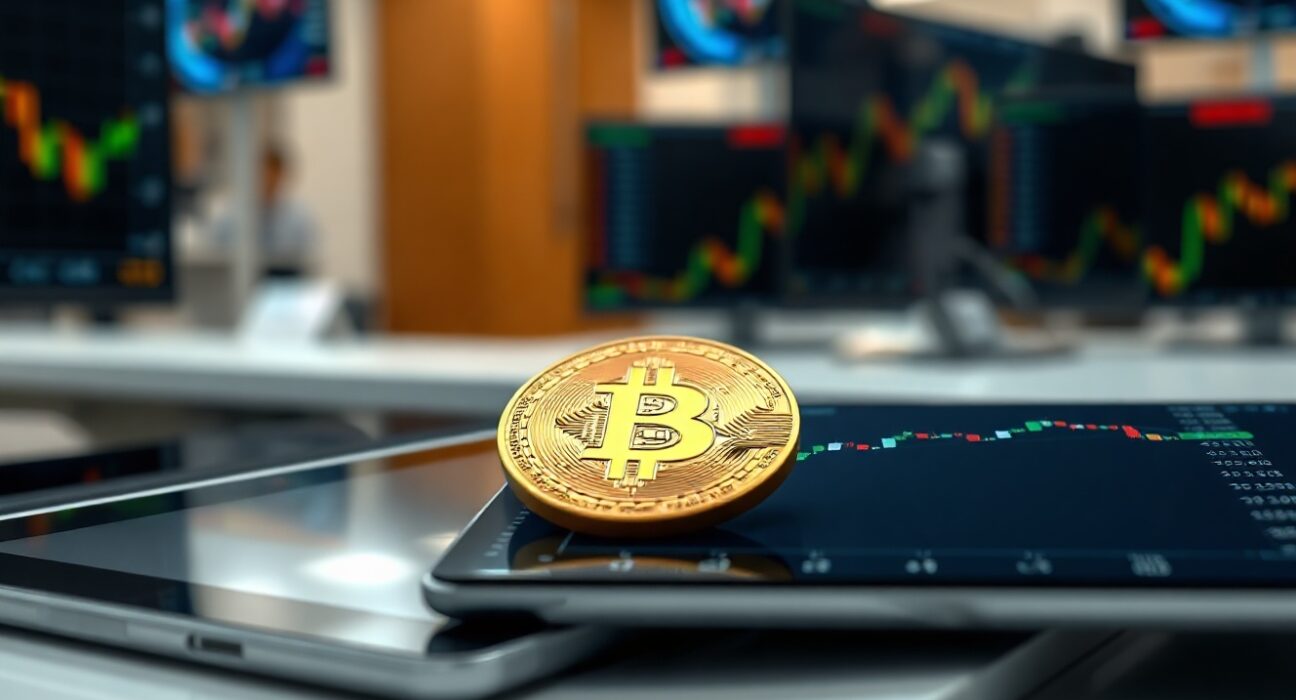 Bitcoin coin on a tablet showing a chart with a slight upward trend, representing retail demand recovery.
